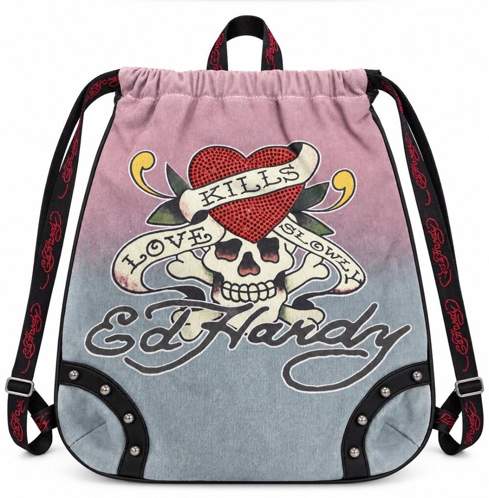 Ed Hardy Love Kills Slowly Ombré Denim Backpack Blue Pink Rhinestone Y2K NWT